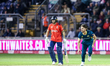 Marcus Stones of Australia bowls during the Second Vitality T20 International match betwee...
