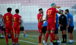 Birkirkara soccer players refresh themselves during a cooling break at the Malta 360 Sport...