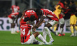 The team of AC Milan celebrates after victory during the Italian Serie A football match be...