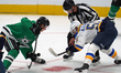 Oscar Back #10 of the Dallas Stars and Nikita Alexandrov #59 of the St. Louis Blues line u...