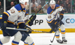 Kasperi Kapanen #42 of the St. Louis Blues skates up ice while controlling the puck during...