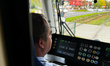 A tram operator drives a tram in Krakow, Poland on September 26, 2024. 
