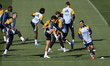 Real Madrid players (from L to R) Andriy Lunin, Jesus Vallejo, and Lucas Vazquez train dur...