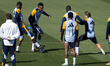Real Madrid players (from L to R) Antonio Rudiger, Eder Militao, Ferland Mendy, and Luka M...