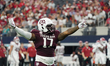 Texas A&M Aggies defensive lineman Albert Regis #17 celebrates against the Arkansas Razorb...