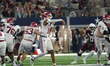 Arkansas Razorbacks quarterback Taylen Green #10 passes the ball against Texas A&M Aggies...