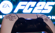 EA Sports FC 25 displayed on a tv screen and  DualSense controller are seen in this illust...
