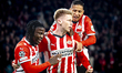 PSV Eindhoven midfielder Jerdy Schouten scores the 1-0 and celebrates the goal during the...
