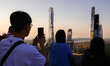 A view on Central Park Tower and Steinway Tower in Manhattan seen by tourists from Top of...