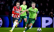 PSV Eindhoven forward Noa Lang and Sporting Club Portugal midfielder Morten Hjulmand durin...