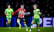 PSV Eindhoven forward Noa Lang and Sporting Club Portugal midfielder Morten Hjulmand durin...
