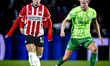 PSV Eindhoven forward Noa Lang and Sporting Club Portugal midfielder Morten Hjulmand durin...
