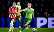 PSV Eindhoven forward Noa Lang and Sporting Club Portugal midfielder Morten Hjulmand durin...