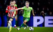 PSV Eindhoven forward Noa Lang and Sporting Club Portugal midfielder Morten Hjulmand durin...