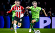 PSV Eindhoven forward Noa Lang and Sporting Club Portugal midfielder Morten Hjulmand durin...