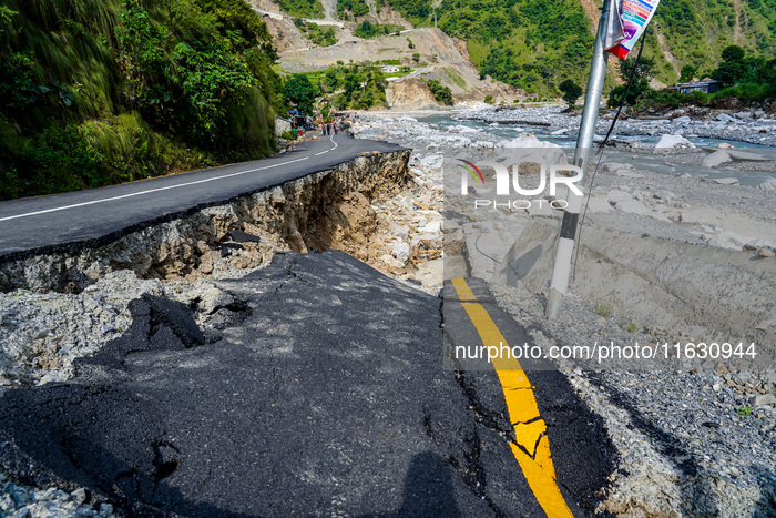 Kulekhani River Flood Damages Dakshinkali-Sisneri Road In Makwanpur, Nepal.