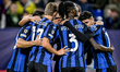 Players of Atalanta celebrate the goal of Atalanta defender Berat Djimsiti, making the sco...