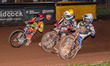 Ben Cook of Belle Vue Aces, in white, rides inside Jake Mulford of Belle Vue Aces, in yell...