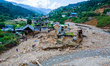 The aerial view shows the flood-affected areas of the Bhardev region of southern Lalitpur,...