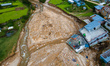 The aerial view shows the flood-affected areas of the Bhardev region of southern Lalitpur,...