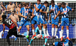The RCD Espanyol barrier protects a free kick from Johan Mojica during the match between R...