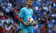 Joan Garcia plays during the match between RCD Espanyol and RCD Mallorca in week 9 of LaLi...