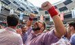 Members of Colla Jove Xiquets de Tarragona celebrate the victory after building a human to...