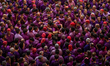 Members of Moixiganguers d'Igualada build a human tower during the Concurs de Castells com...
