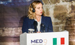 Italy's Prime Minister Giorgia Meloni is seen during the press conference in Paphos, Cypru...