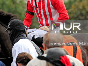 Jockey Sahin Civaci sits aboard King Elvis after a win in the fourth race at Woodbine Racetrack in Toronto, Canada, on October 13, 2024.  by Mike Campbell/NurPhoto
