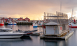 A floating sauna at the harbor in Bodo, Norway, at sunset on September 21, 2024. Bodo, loc...