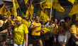 Supporters of Afua mayoral candidate Sandro Cunha walk in Afua, Para, Brazil, on September...