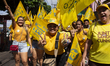 Supporters of Afua mayoral candidate Sandro Cunha walk in Afua, Para, Brazil, on September...