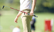 Rasmus Hojgaard of Denmark reacts on the 14th green on the third day of the Estrella Damm...