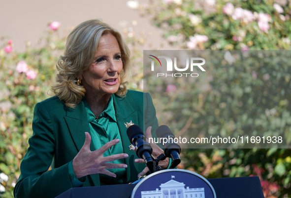 First Lady Jill Biden speaks in the Rose Garden about an enhanced White House tour experience in Washington, D.C., United States, on October... by Andrew Leyden/NurPhoto