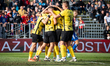 Wieczysta players celebrate scoring a goal during the game between Wieczysta Krakow and Po...