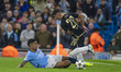 Savinho #26 of Manchester City F.C. tackles Qazim Laci #20 of AC Sparta Praha during the U...