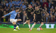 John Stones #5 of Manchester City F.C. challenges the opponent during the UEFA Champions L...