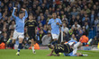John Stones #5 of Manchester City F.C. fouls the opponent during the UEFA Champions League...