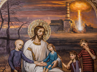 Detail of a painting in the church of Slavutich with Jesuschrist with children and Chernobyl nuclear reactor explosion in background, on Aug...