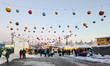A snow-covered scene at the Winter Tollwood Festival on December 3, 2023, in Munich, Germa...