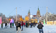 A snow-covered scene at the Winter Tollwood Festival on December 3, 2023, in Munich, Germa...