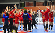 Players of Romania celebrate during the Romania vs. Czechia match at the Women's EHF EURO...