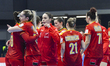 Players of Romania celebrate during the Romania vs. Czechia match at the Women's EHF EURO...