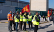 Trasnova workers protest on Monday in front of the gates of the Stellantis plant in Pomigl...