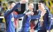 The Rana Verona team celebrates after scoring a point during the match between Rana Verona...
