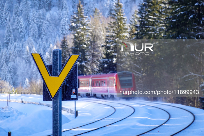 Deutsche Bahn Regional Train RE7 In Oberstaufen, Bavaria In Snowy Winter