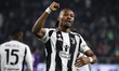 Juventus midfielder Khephren Thuram (19) celebrates with his teammates after scoring his g...