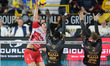 Alessandro Bovolenta of the Gas Sales Bluenergy Piacenza team spikes the ball during the m...