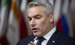 Chancellor of Austria Karl Nehammer talks to the press and journalists from local and inte...